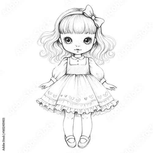 Cute girl doll in dress hand-drawn in pencil sketch style