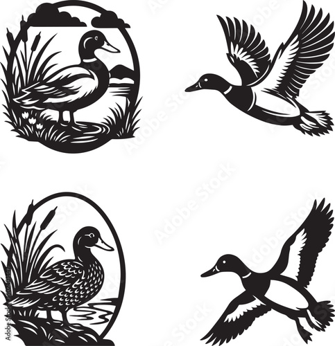 Black and white vector illustration of ducks – one standing near a lake with reeds and one flying with wings spread. Ideal for logo, engraving, or wildlife-themed designs.