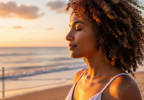 Serene woman curly hair closed eyes peaceful beach sunset golden light relaxation summer outdoor enjoying nature calm tranquil happiness freedom mindfulness self care wellness beauty young adult