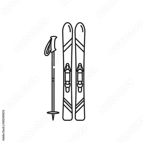 Skis and ski pole in minimalist black line art style  