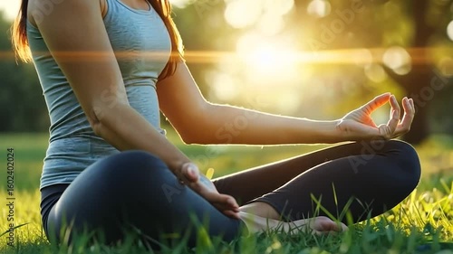 A person meditating in a serene outdoor setting during sunset.