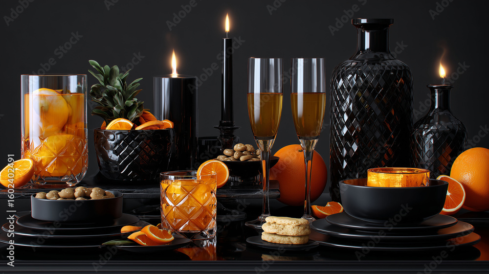 Fototapeta premium Halloween table setting with oranges and champagne