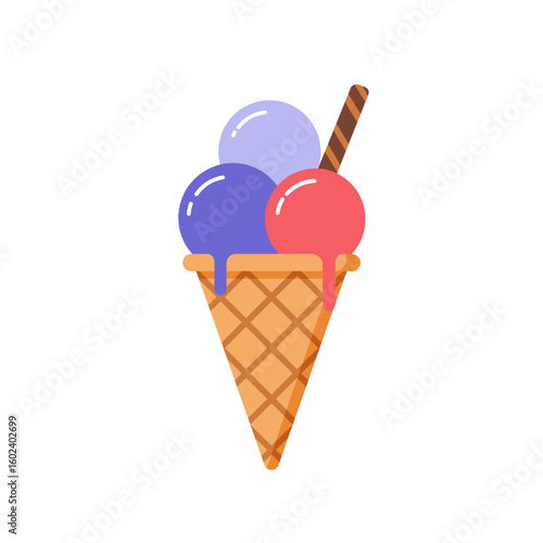 Colorful ice cream cone with three scoops and a straw  