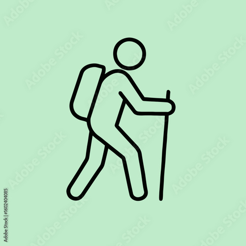 Hiking person icon in black line on green background