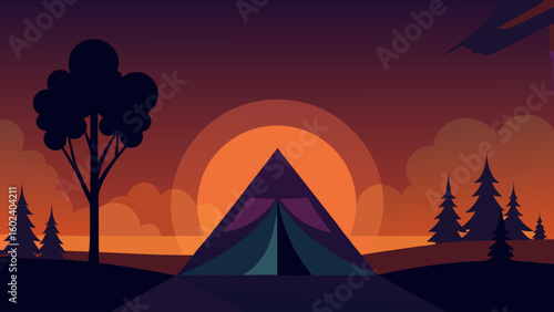 camping tent trees glowing sunset outdoor adventure scene