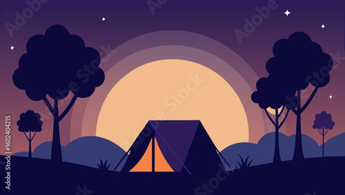 camping tent under sunset forest trees silhouette view