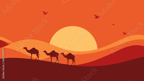 camels walking desert dunes silhouette sunset sand nomads travel