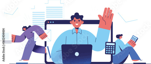 Efficient Workflow:  A stylized image illustrating a modern office environment. Central is a person, their upper body emerging from a laptop screen.