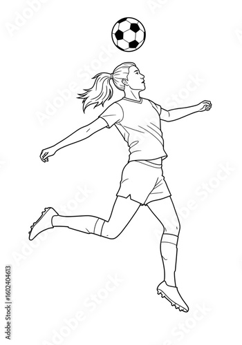 Female soccer player heading ball in line art style