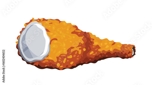 Illustration of a fried chicken drumstick with creamy white sauce displayed on a white background