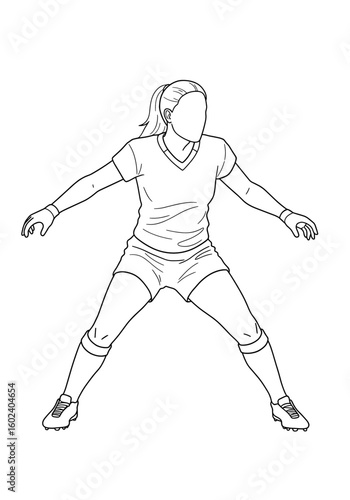 Female soccer goalkeeper ready in defensive stance line art