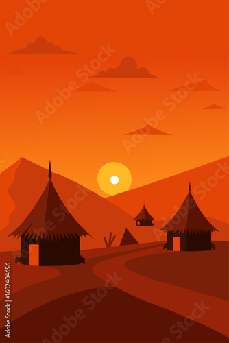 tribal hut village firelight glow orange