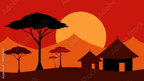 tribal hut silhouette tree african dusk