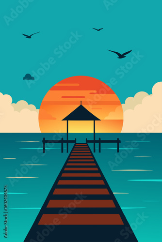 tropical pier sunset horizon birds fly sky