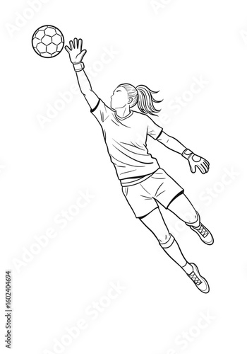  Female goalkeeper jumping to block ball in line art style