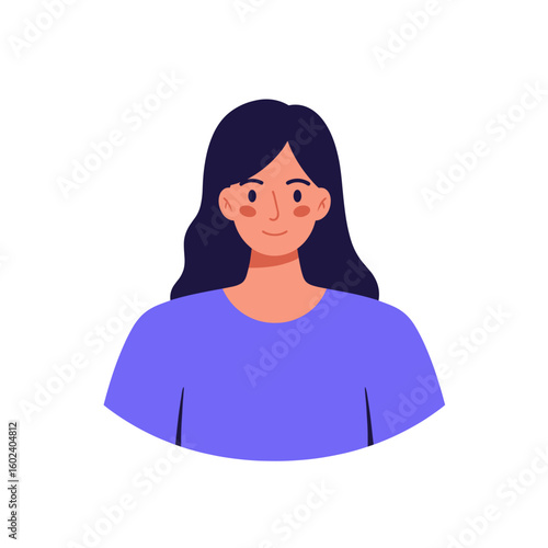 Young woman smiling with long hair wearing a purple shirt  