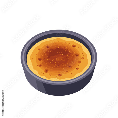 Crème brûlée dessert in black dish on white background
