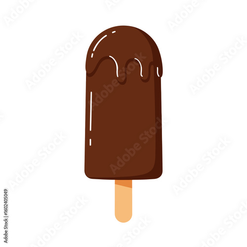 Chocolate ice cream popsicle on a wooden stick with drizzled chocolate  