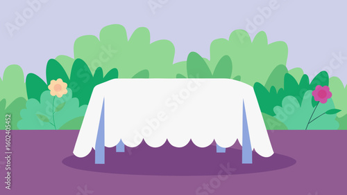 white tablecloth blooming garden soft light