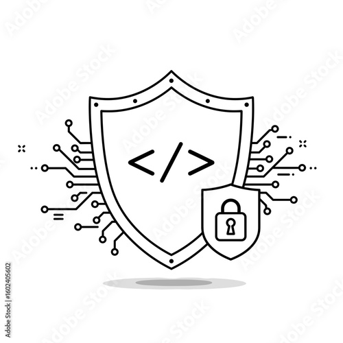 Code security shield icon with padlock in line art style