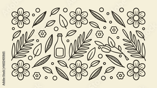 Black ink floral and bottle sketches on cream background