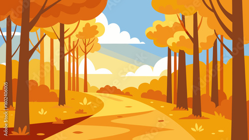 sunny autumn forest with golden leaves path through