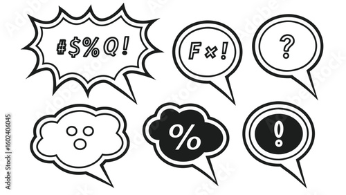 Black and white speech bubbles with symbols and punctuation