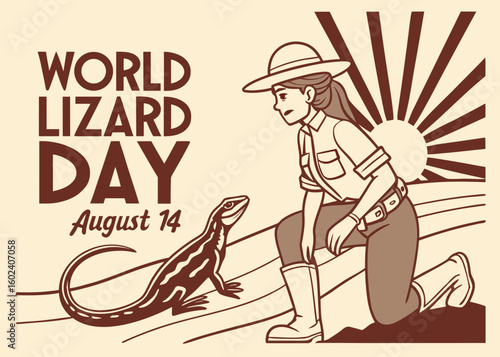 retro vector of a desert scene with woman explorer and giant lizard. ideal for event posters and campaign visuals celebrating world lizard day on august 14.