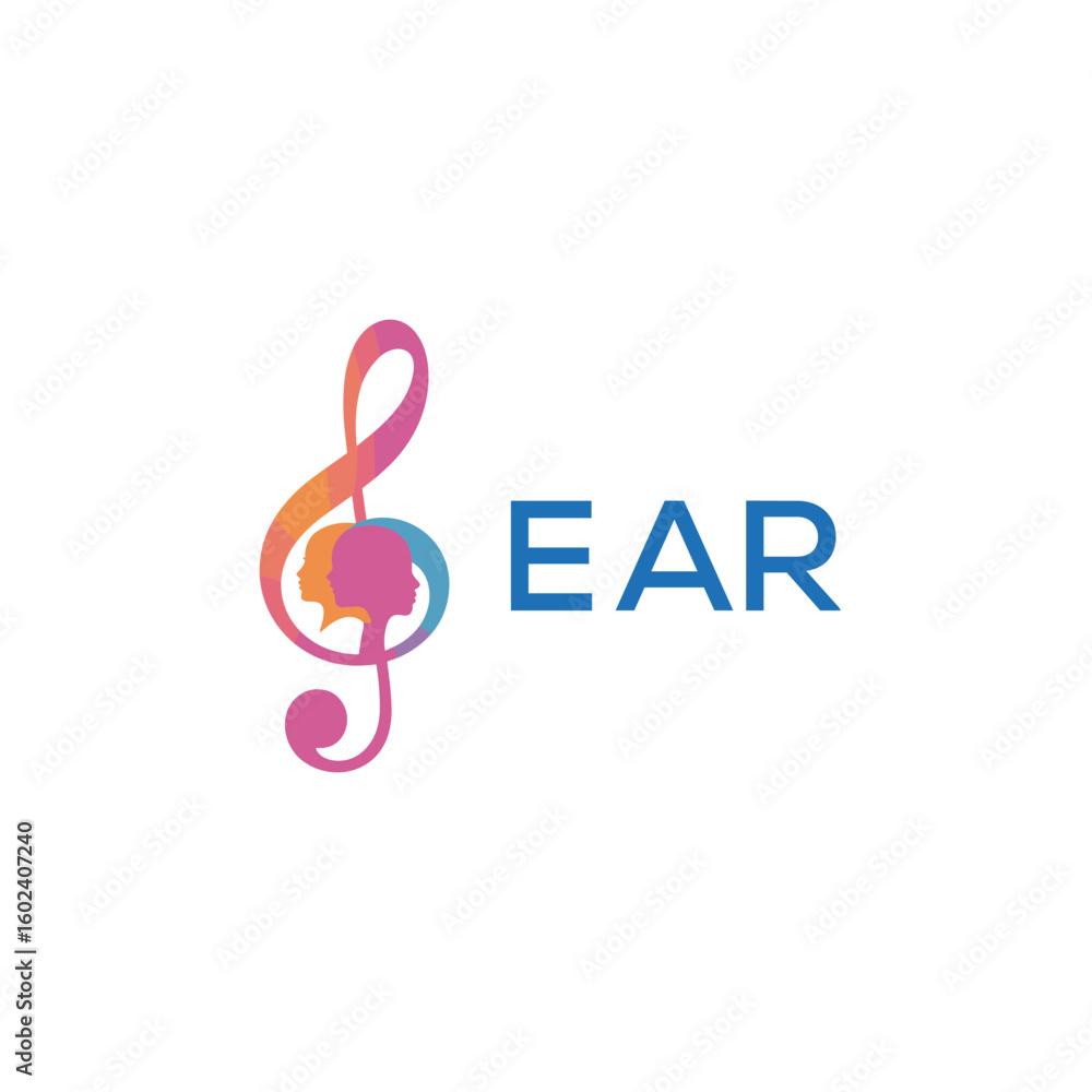 Fototapeta premium EAR “Creative music logo with human silhouettes and treble clef in gradient colors, EAR Later Logo, modern artistic design isolated on white background”