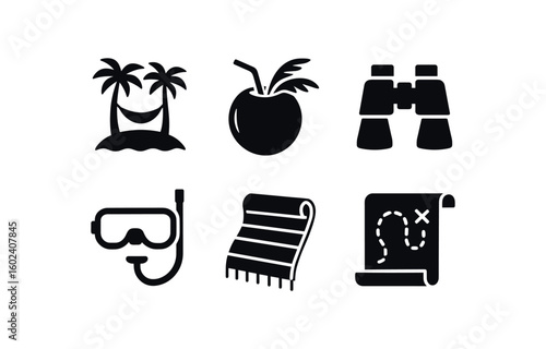 solid icon isolated island hammock stand island coconut opener island wildlife binoculars island reef mask island beach towel island treasure map