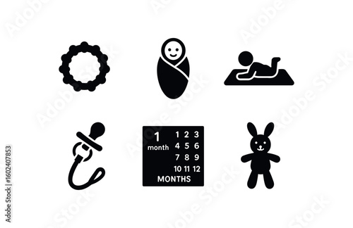 solid icon isolated infant teething ring infant swaddle sleep sack infant tummy time mat infant pacifier clip infant milestone blanket infant soother plush toy
