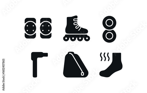 solid icon isolated rollerblades protective pads rollerblades leather laces rollerblades wheel bearings rollerblades skate key rollerblades carrying backpack rollerblades ventilation sock