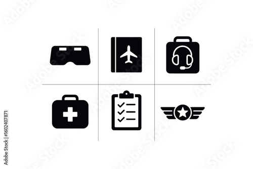 solid icon isolated pilot cockpit sunshade pilot logbook binder pilot headset bag pilot altitude sickness kit pilot checklist clipboard pilot insignia pin