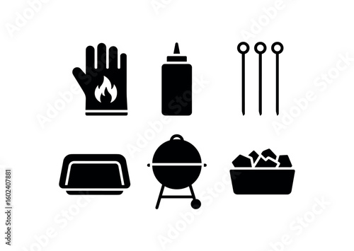 solid icon isolated barbecuing heat resistant gloves barbecuing sauce dispenser barbecuing skewers barbecuing drip pan barbecuing grill cover barbecuing wood chip sampler