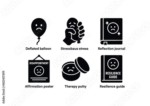 solid icon isolated dipointment deed balloon dipointment stress ball dipointment reflection journal dipointment affirmation poster dipointment therapy putty dipointment resilience guide