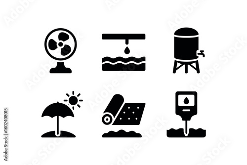 solid icon isolated dry season heat wave fan dry season irrigation drip hose dry season water stora tank dry season sun protection umbrella dry season landscape fabric dry season soil tester