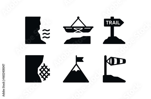 solid icon isolated cliff ological map cliff rescue stretcher cliff trail signpost cliff stabilization net cliff summit marker cliff wind gau