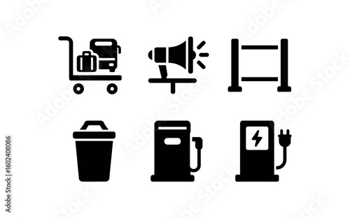solid icon isolated bus terminal lugga cart bus terminal public address system bus terminal platform divider bus terminal waste bin bus terminal security camera bus terminal charging station