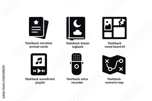 solid icon isolated back narrative prompt cards back dream logbook back mood board kit back soundtrack playlist back voice recorder back scenario map