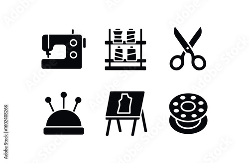 solid icon isolated seamstress sewing machine seamstress thread spool rack seamstress fabric scissors seamstress pin cushion seamstress pattern drafting table seamstress bobbin case