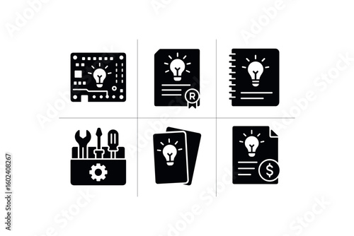 solid icon isolated invention prototype board invention patent draft invention lab notebook invention toolkit invention braining cards invention funding proposal