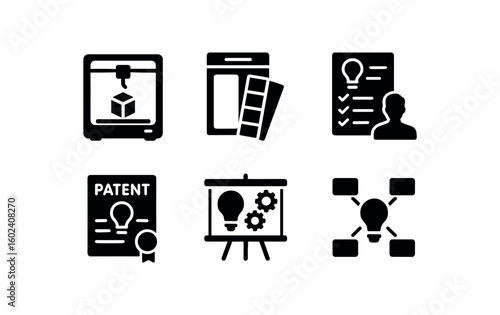 solid icon isolated invention printer model invention materials sampler invention user testing sheet invention patent template invention presentation board invention concept map
