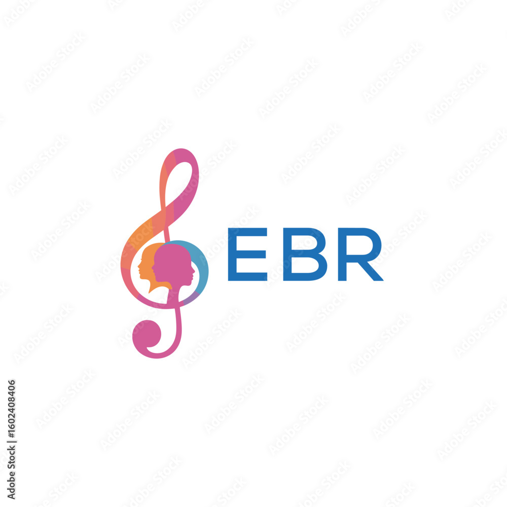 Fototapeta premium FBR “Colorful music logo with human faces and treble clef design” FBR Later Logo, “Creative music academy logo with silhouette heads and notes” 