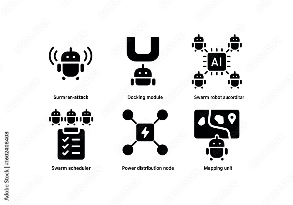 solid icon isolated sw robot collision sensor sw robot docking module sw robot AI coordinator sw robot sw scheduler sw robot power distribution node sw robot mapping unit