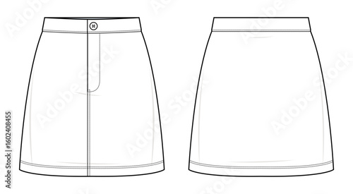 Mini Skirt Technical Fashion Illustration. High-Waist Skirt Vector Template. Front and Back View. Button Closure. Functional Front Pocket. Women’s Casualwear. White Color. CAD Mockup Set.