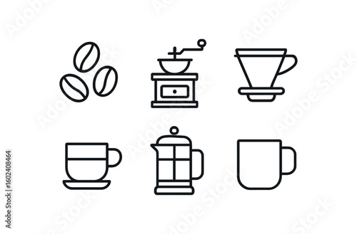 stroke icon mono icons style isolated coffee beans coffee grinder coffee filter espresso shot French press coffee mug