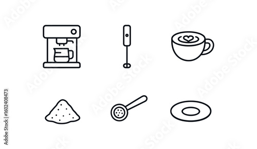 stroke icon mono icons style isolated coffee machine milk frother latte coffee grounds coffee scoop saucer