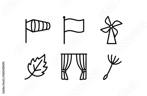 stroke icon mono icons style isolated wind sock fluttering flag spinning windmill falling autumn leaf draping curtain airborne dandelion seed