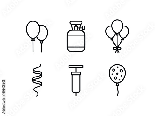 stroke icon mono icons style isolated balloons (supplies): late balloons helium tank balloon bouquet colorful ribbon balloon pump confetti balloon