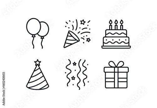 stroke icon mono icons style isolated celebration (decorations): festive balloons confetti shower decorated cake party hat streamers gift wrap